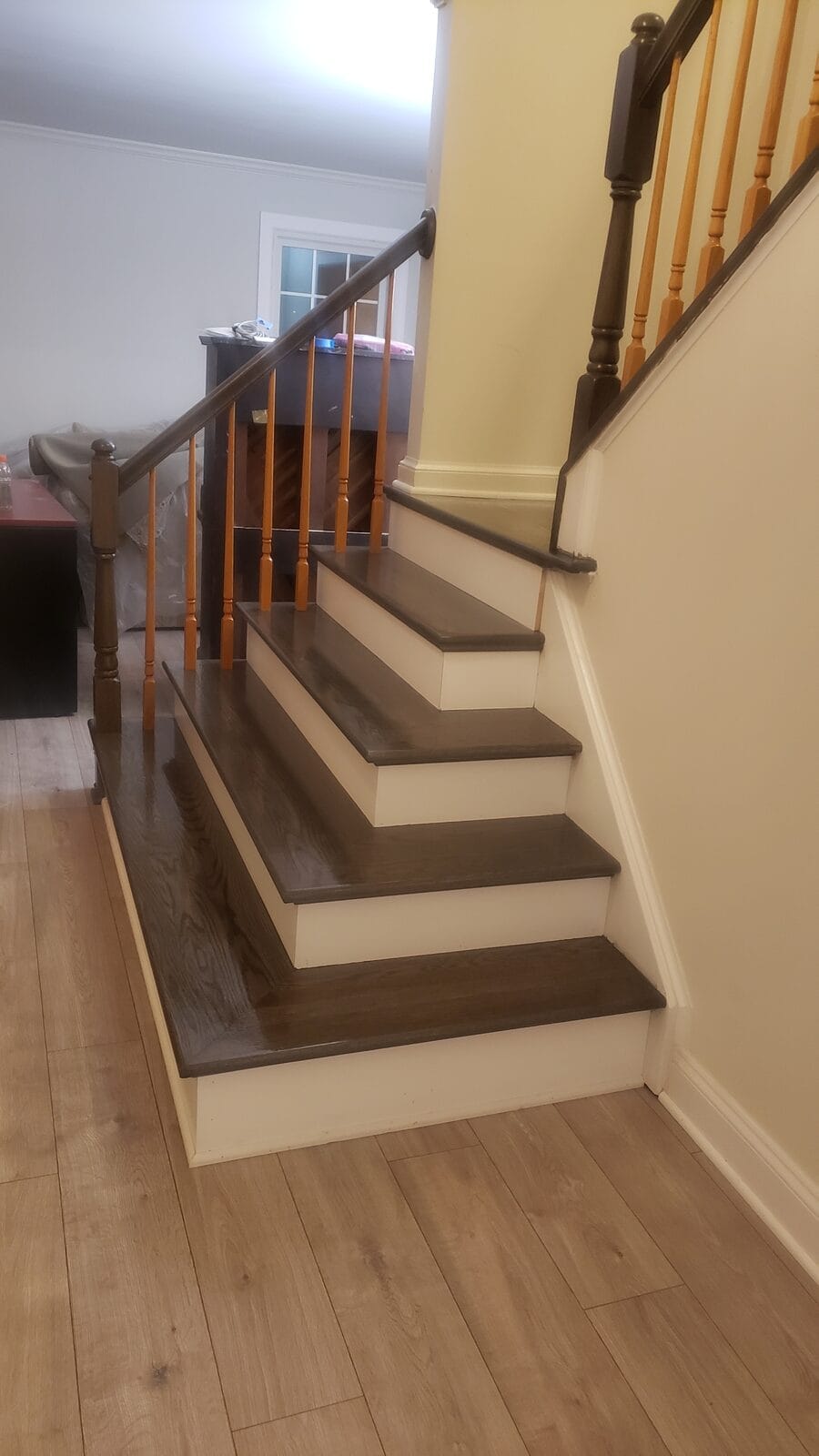 Dark wood treads and painted risers staircase Northern Virginia
